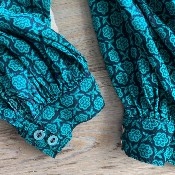 Anthropologie Maeve blue Green Geoscope button up belted Jumpsuit - Picture 6 of 9